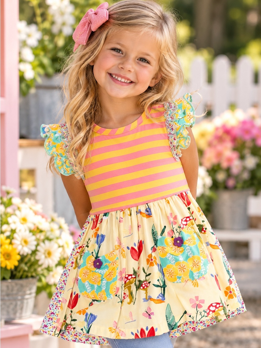 Matilda Jane Girls Size 4 Floral Striped Ruffle Tunic Top Whimsical